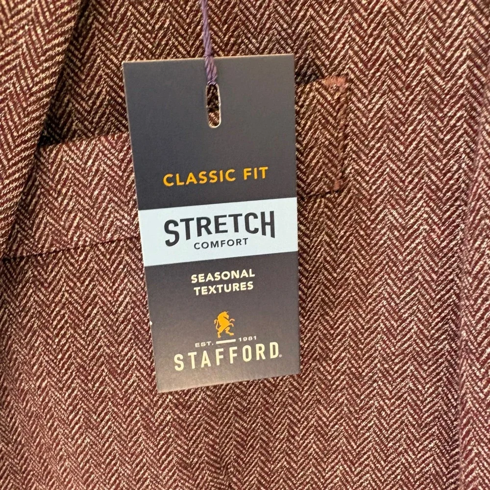 Stafford Mens 46R Burgundy Herringbone Classic Fit Stretch Blazer Sport Coat NEW